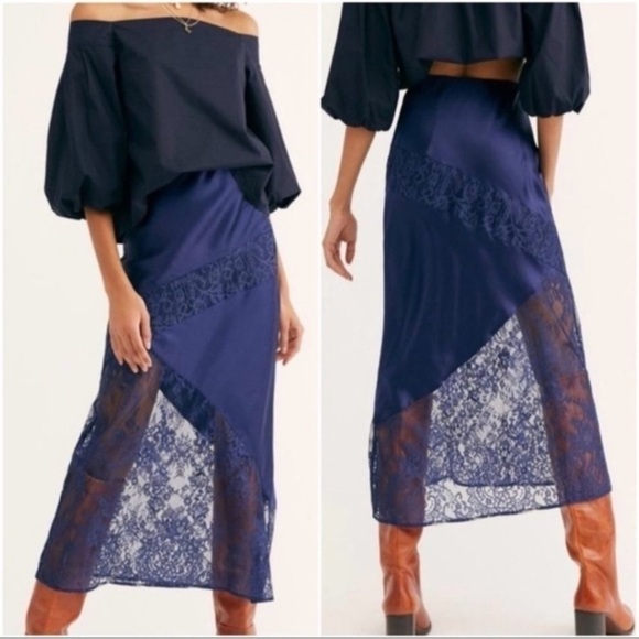 Free People Other - Free People X Nightcap Silk & Lace Mixed Trumpet Maxi Skirt Size XS Women